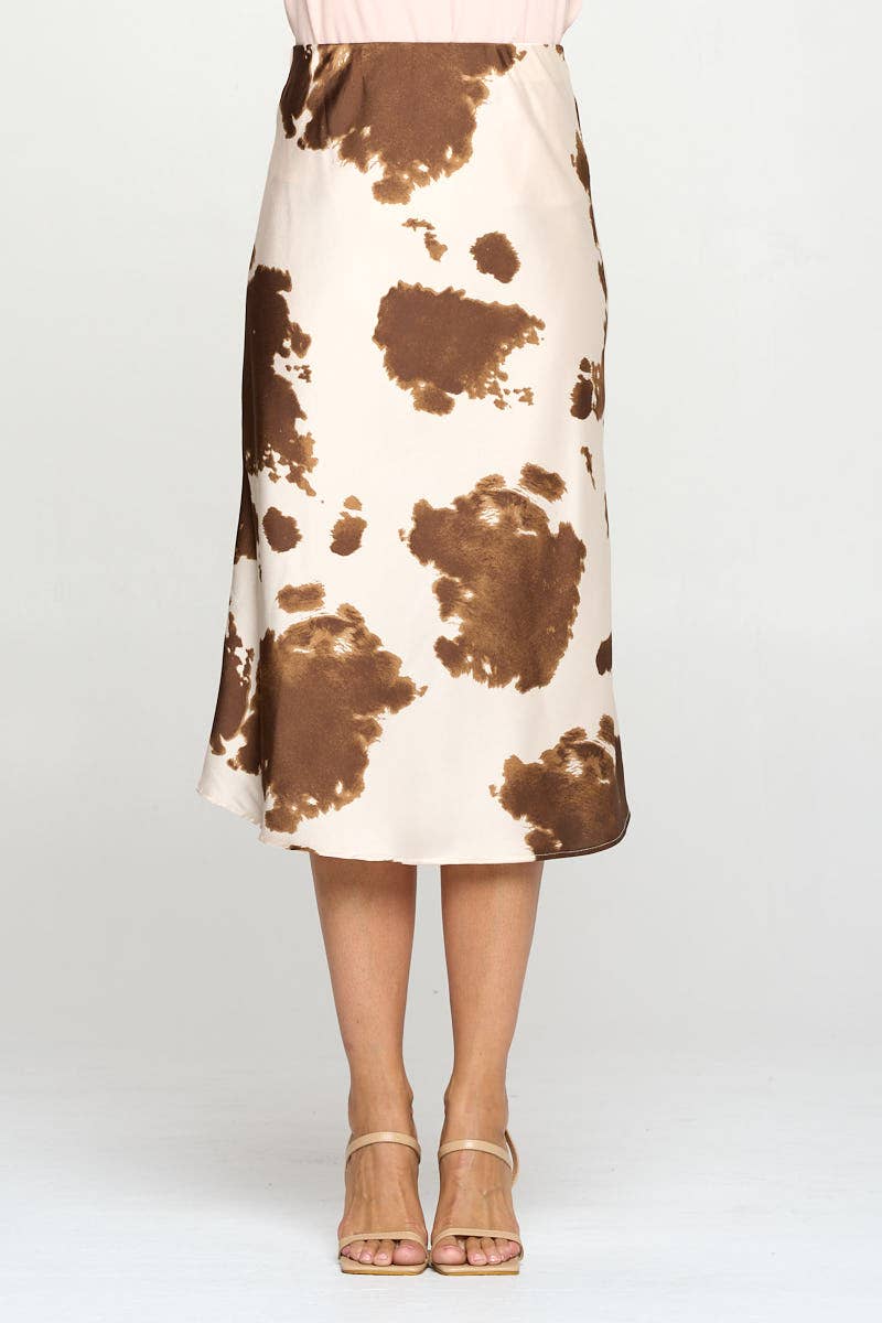 Cow Print Satin Midi Slip Skirt