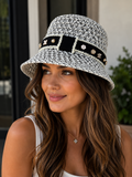 Pearl-Trim Embellished White & Black Woven Bucket Hat Copy