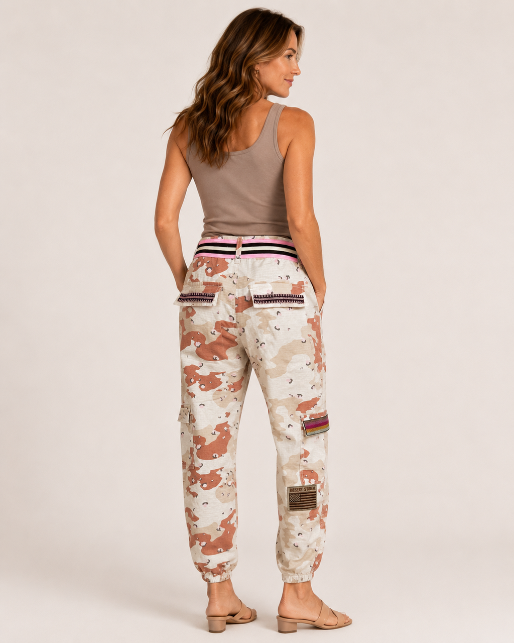 Hand-Embellished Tan & Pink Patched Camo Pants Desert Storm by Trish - Size Small