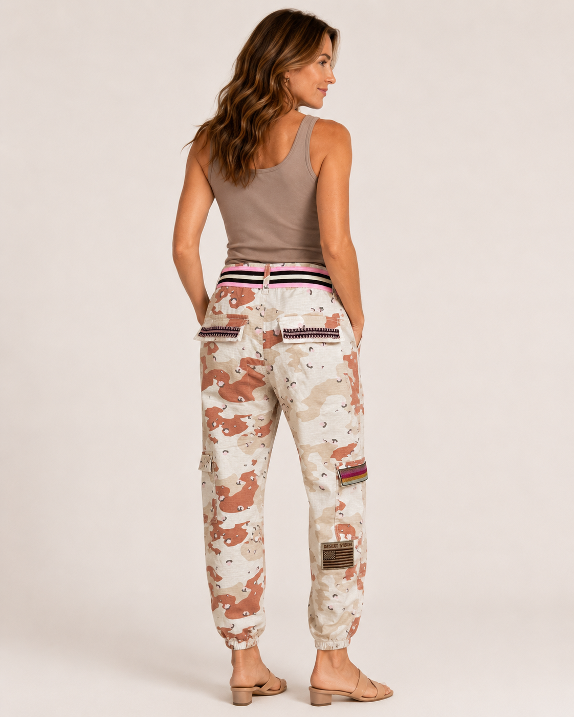 Hand-Embellished Tan & Pink Patched Camo Pants Desert Storm by Trish - Size Small