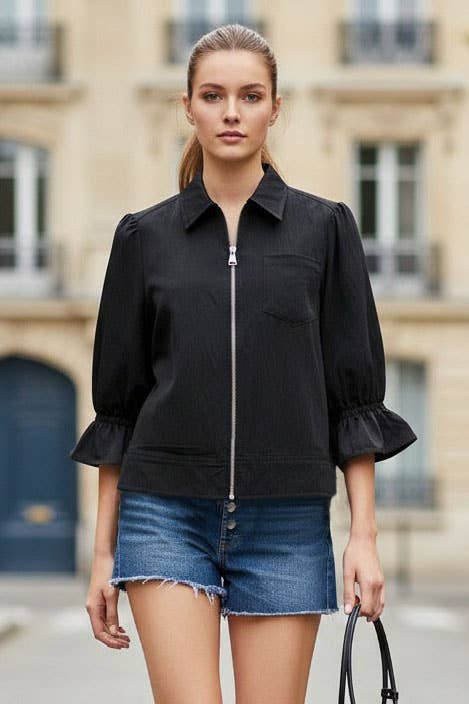 3/4 Zip Front Ruffle Sleeve Jacket