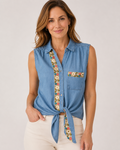 Hand-Embellished Golden Bloom Chambray Top by Trish - Size Small