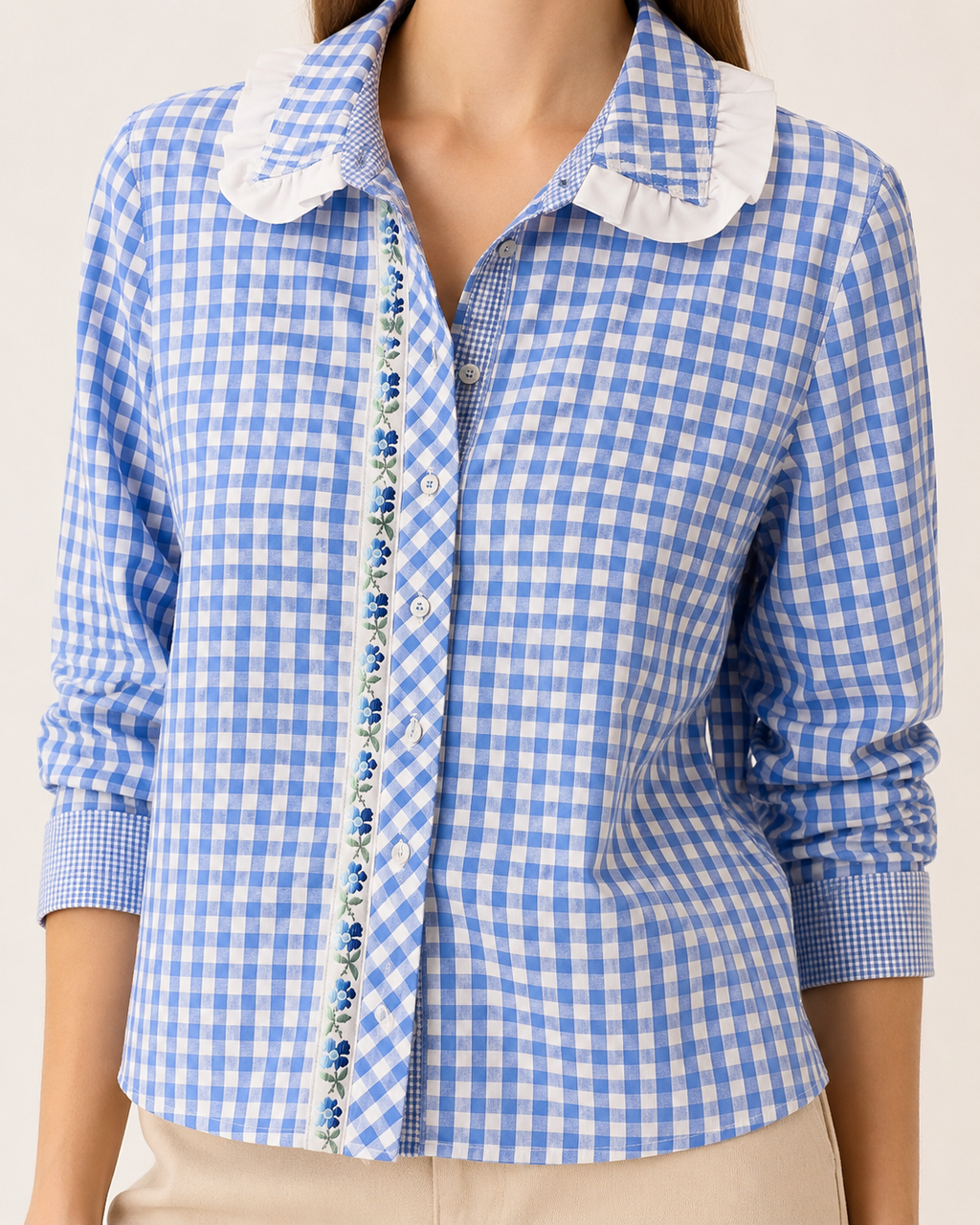 Hand-Embellished Blue Gingham Ruffle Collar Blouse by Trish - Size Medium Petite