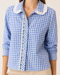Hand-Embellished Blue Gingham Ruffle Collar Blouse by Trish - Size Medium Petite