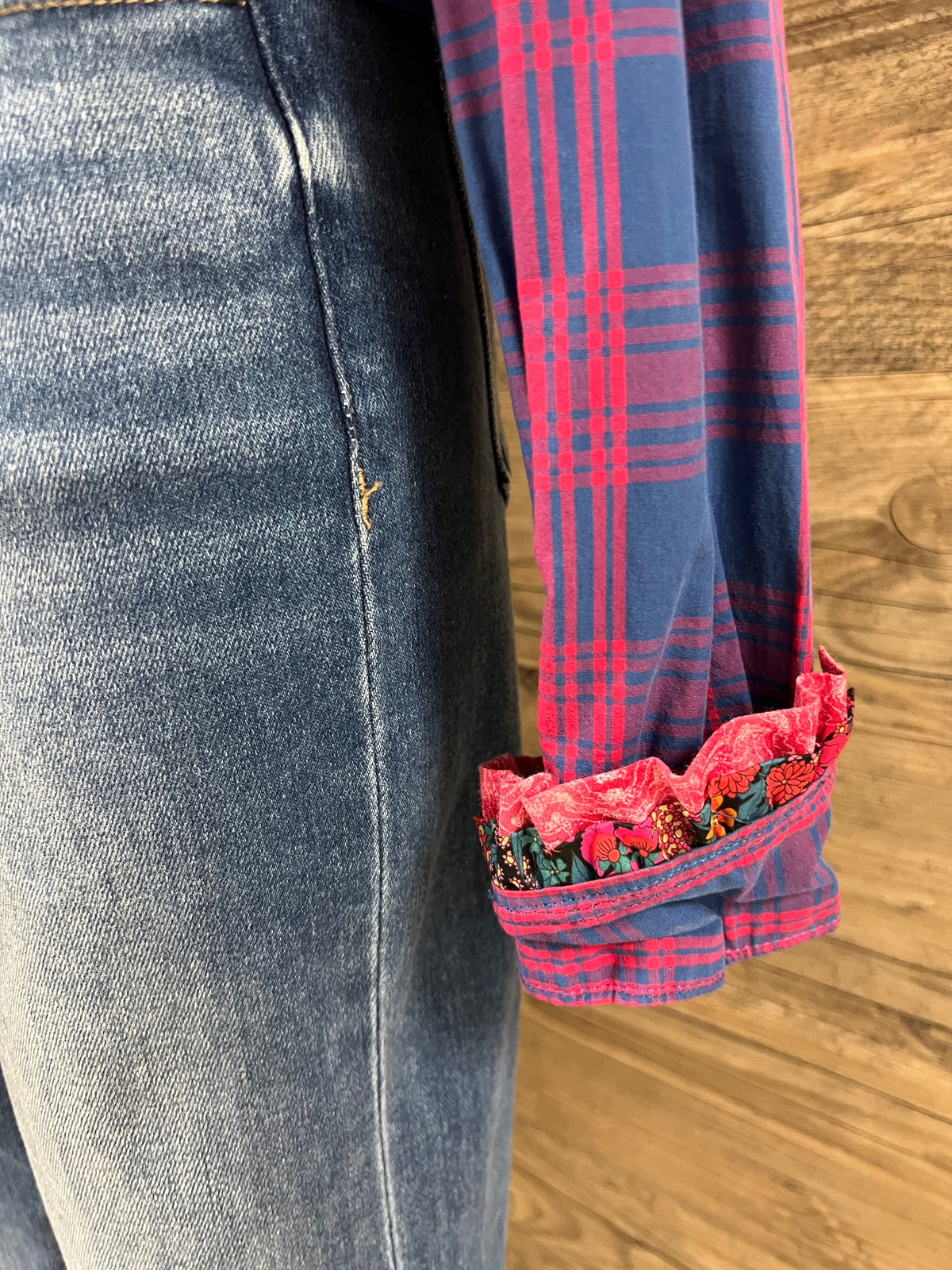Blue and Fuchsia Plaid Ruffle Collar Button-Up Embellished by Trish - Size Large