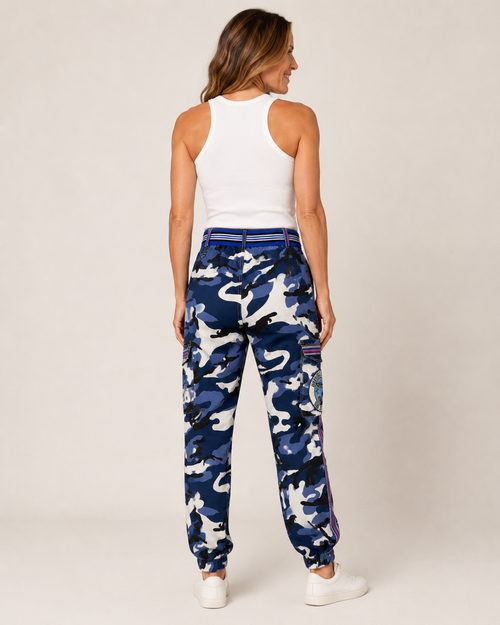Hand-Embellished Blue Camo Cargo Joggers by Trish - Size Large