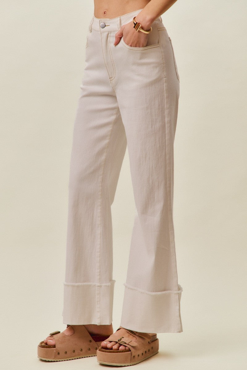 Mid Rise Stripe Frayed Roll Up Hem Wide Leg Jeans