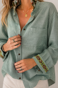 Sage Ruffle Collar Blouse Embellished by Trish - Size Small