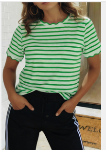 Stripe Scalloped Trim Round Neck T Shirt (S-XL)