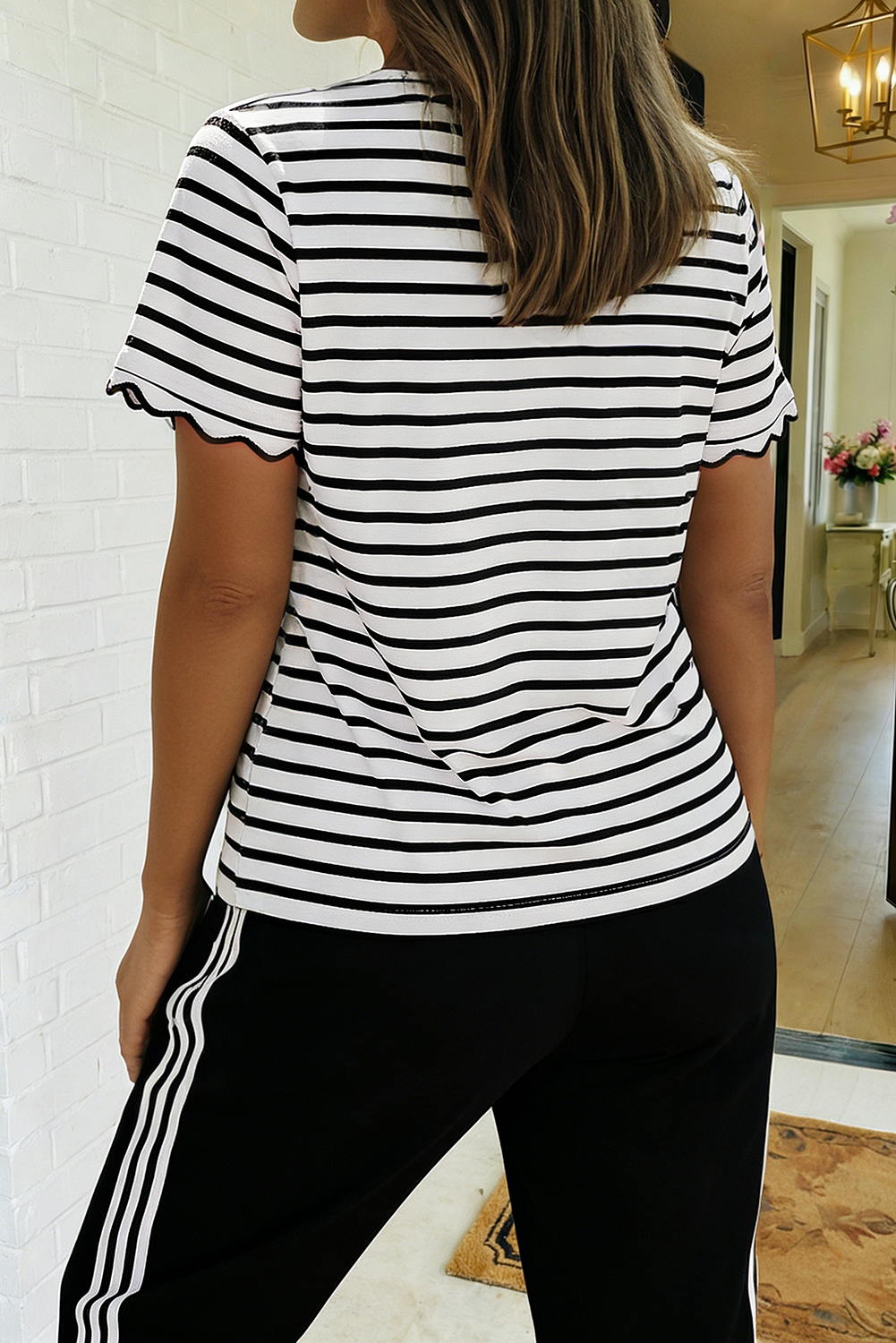 Stripe Scalloped Trim Round Neck T Shirt (S-XL)
