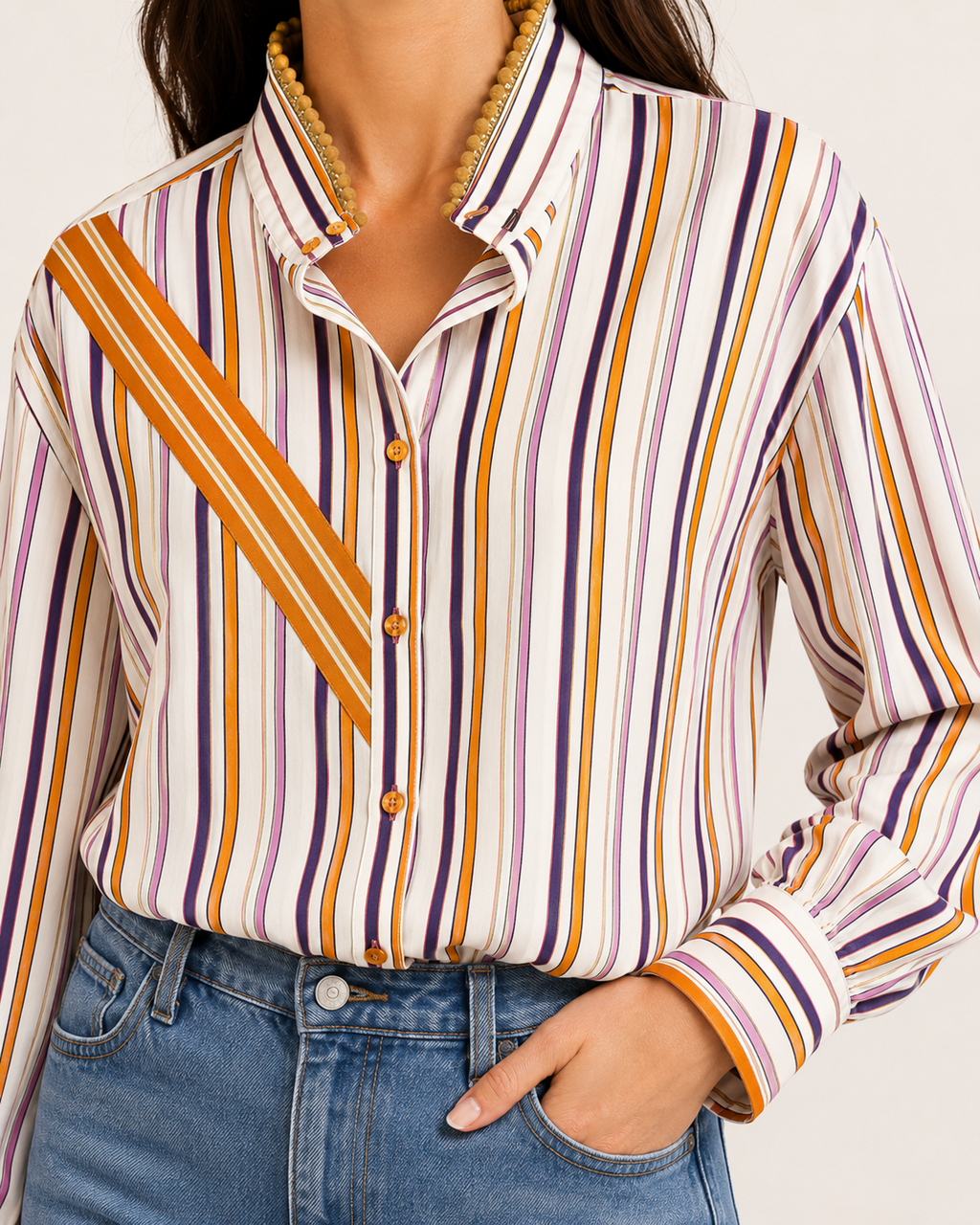 Multi Striped Pom Pom Collar Blouse Embellished by Trish - Size Large
