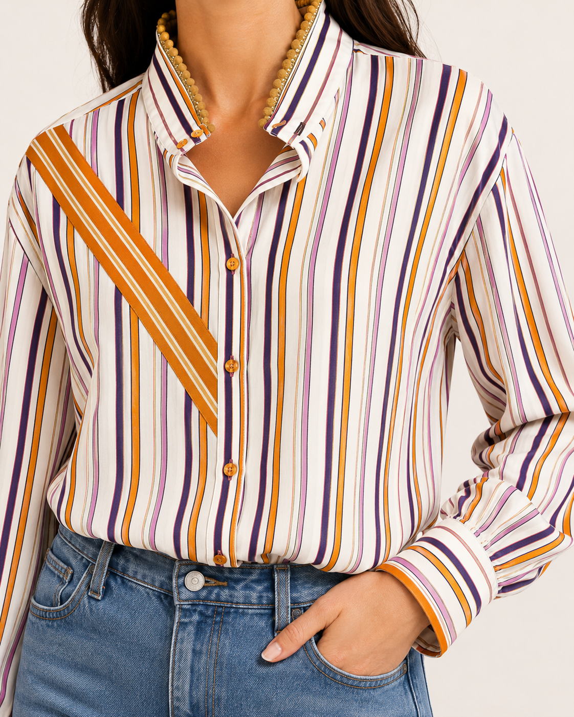 Multi Striped Pom Pom Collar Blouse Embellished by Trish - Size Large