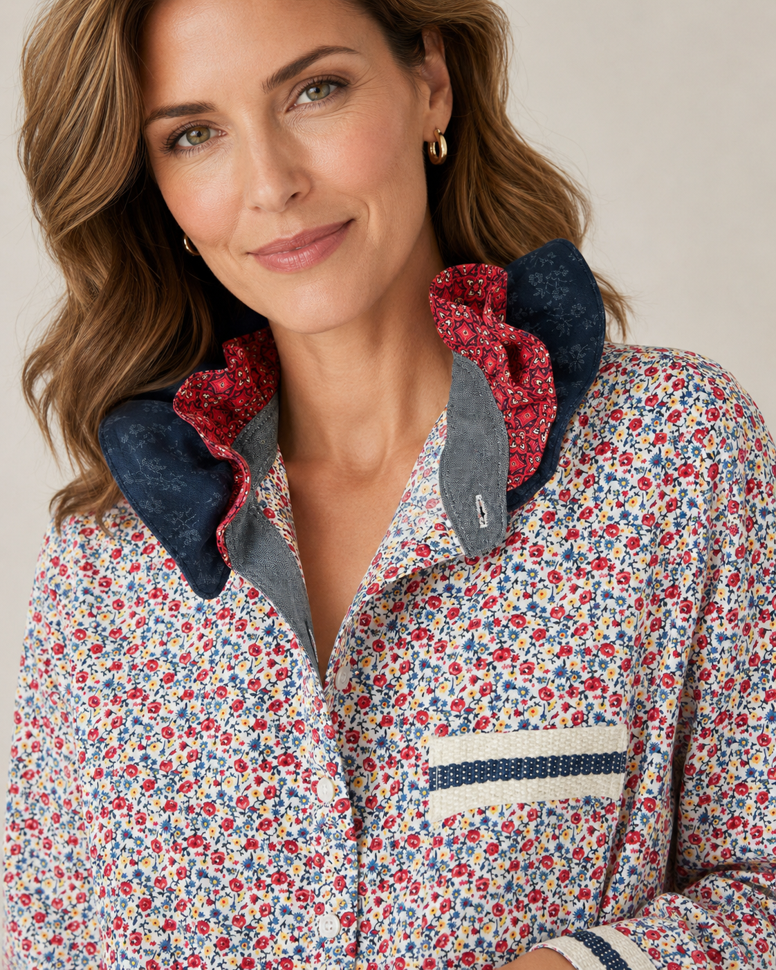 Floral Double Ruffle Collar Blouse Embellished by Trish - Size Medium