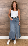 Hand-Embellished Military-Inspired Denim Maxi Skirt by Trish - Size Large (13/30)
