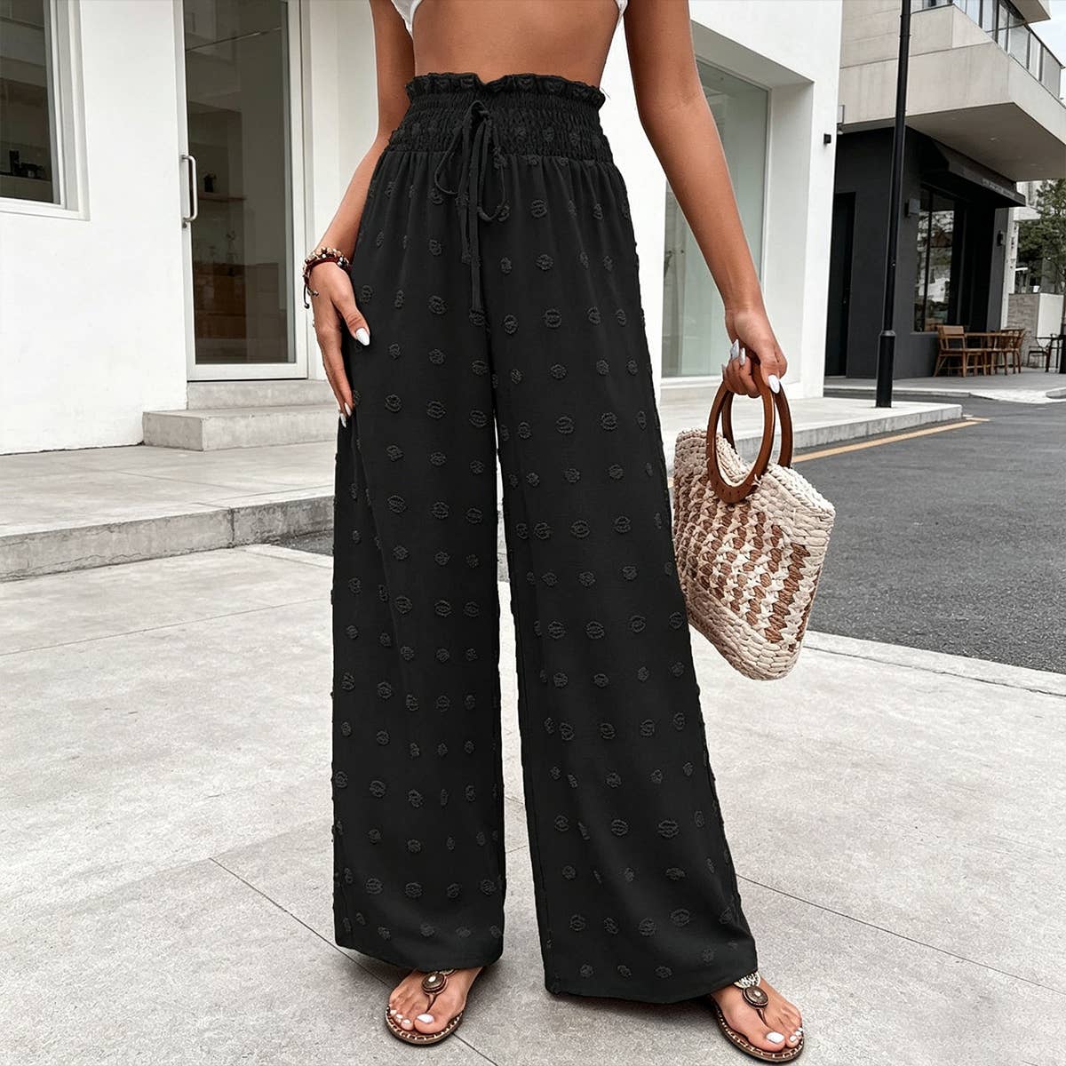 Jacquard pattern drawstringwide leg pants
