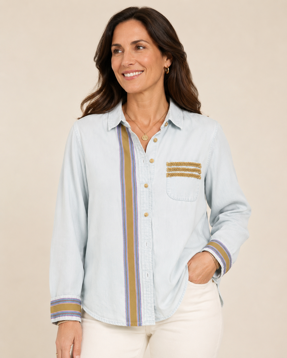 Hand-Embellished Soft Stripe Chambray Blouse by Trish - Size Small