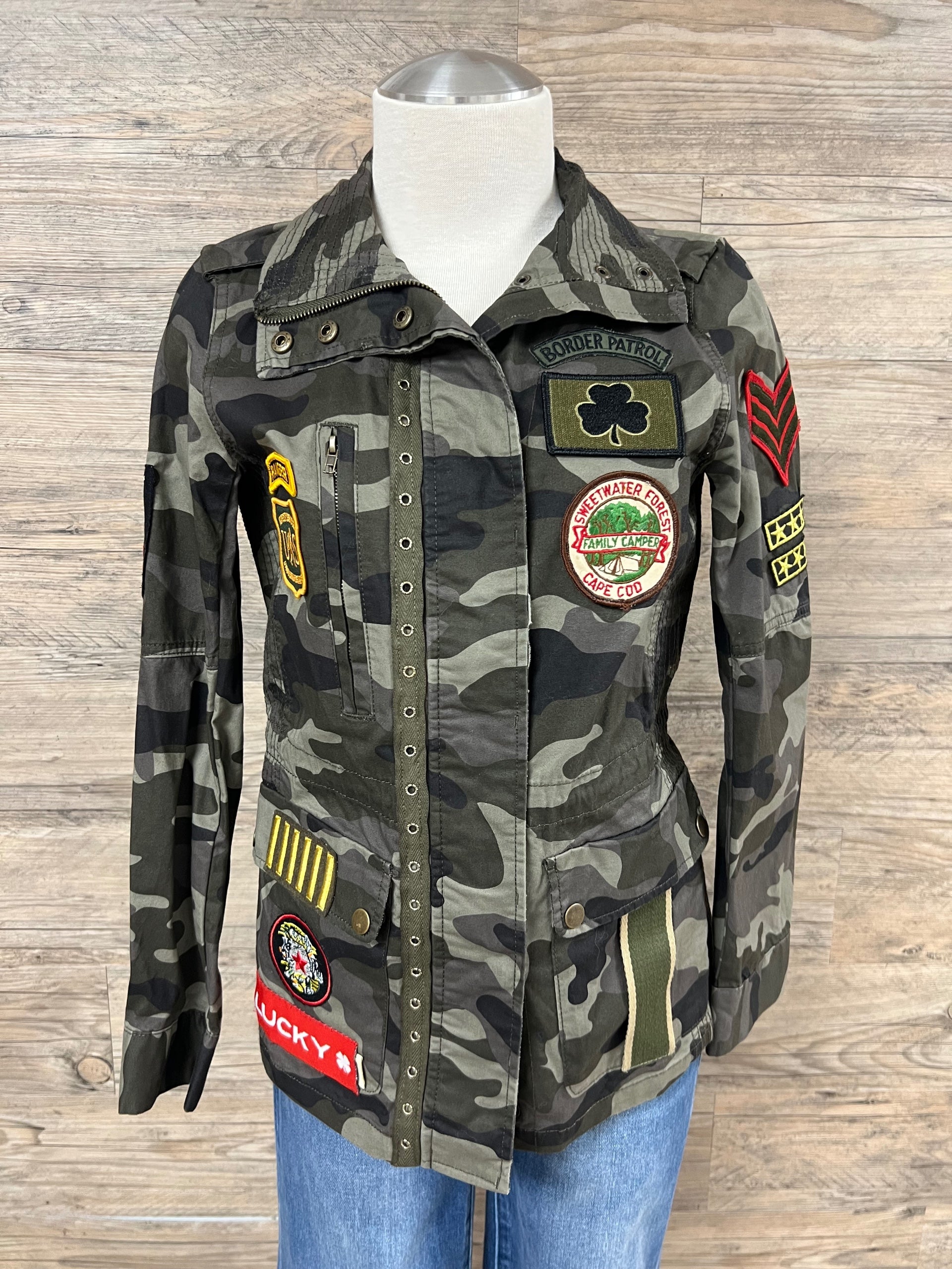 Hand-Embellished Camo Border Patrol Patched Jacket by Trish - Size Extra Small
