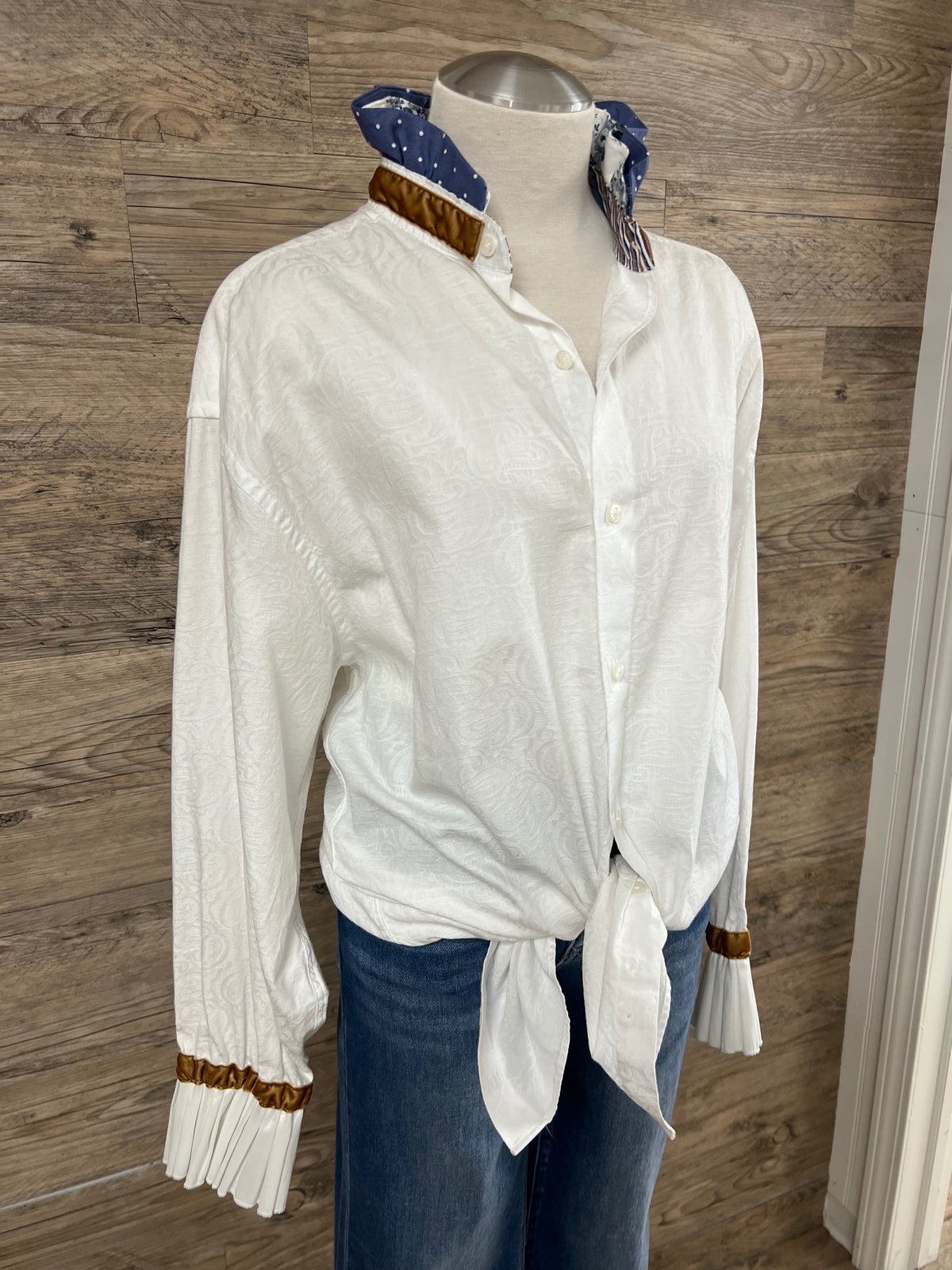 White Paisley Ruffle Blouse Embellished by Trish - Size Large