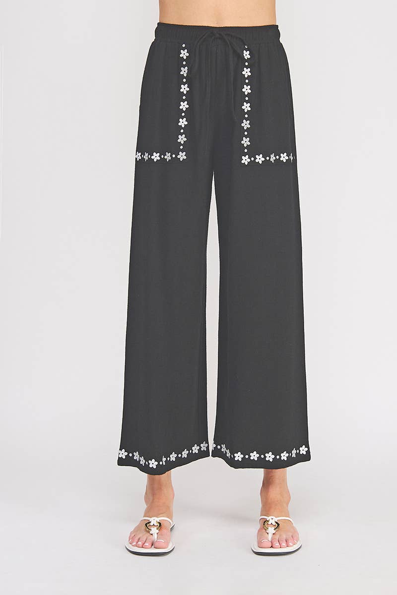 Allie Rose - Embroidered Linen Elastic Tie-Waist Ankle Pant