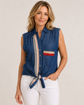 Hand-Embellished Sleeveless Denim Stripe Tie Blouse by Trish - Size Medium