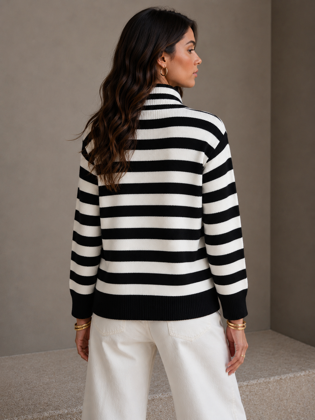 Striped Zip-Up Turtleneck Sweater