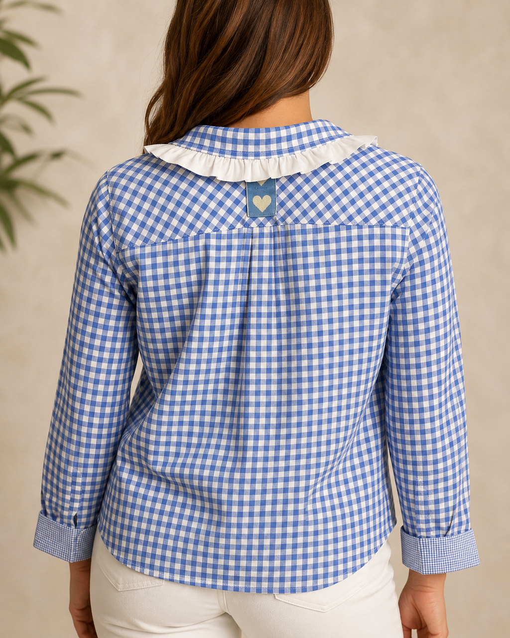 Hand-Embellished Blue Gingham Ruffle Collar Blouse by Trish - Size Medium Petite