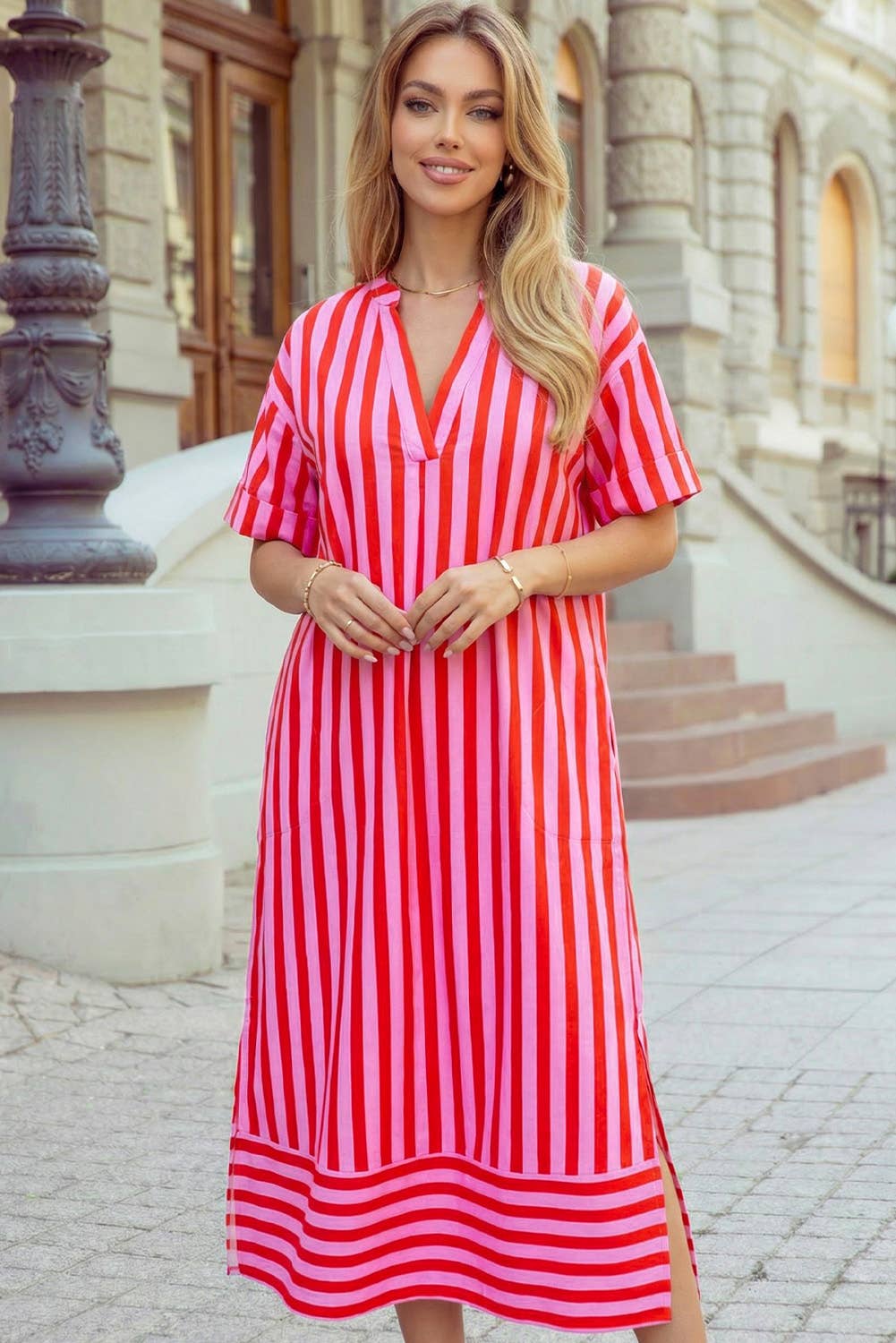 1 the Woman - V Neck Vibrant Striped Cuffed Sleeve Split Hem Midi Dress