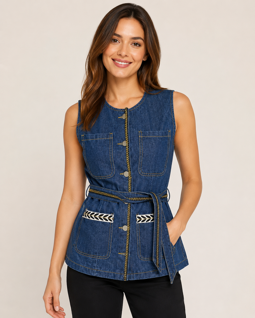 Hand-Embellished Denim Gold Trim Vest by Trish - Size XS