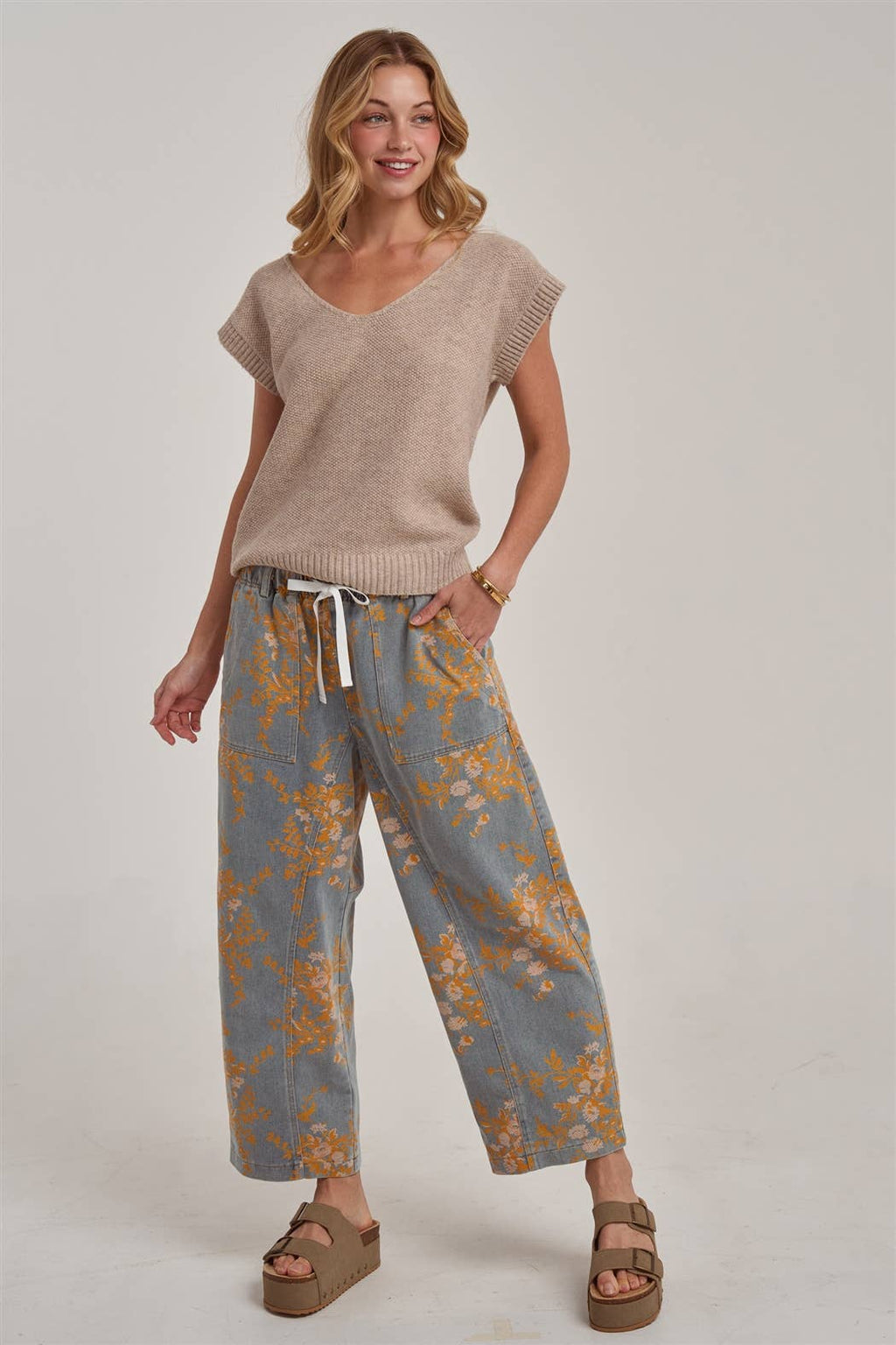 Golden Bloom Drawstring Mid Rise Jeans