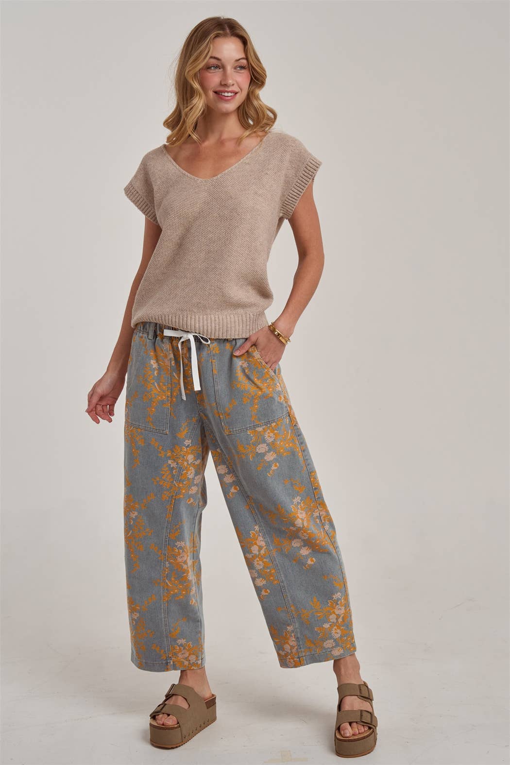 Golden Bloom Drawstring Mid Rise Jeans