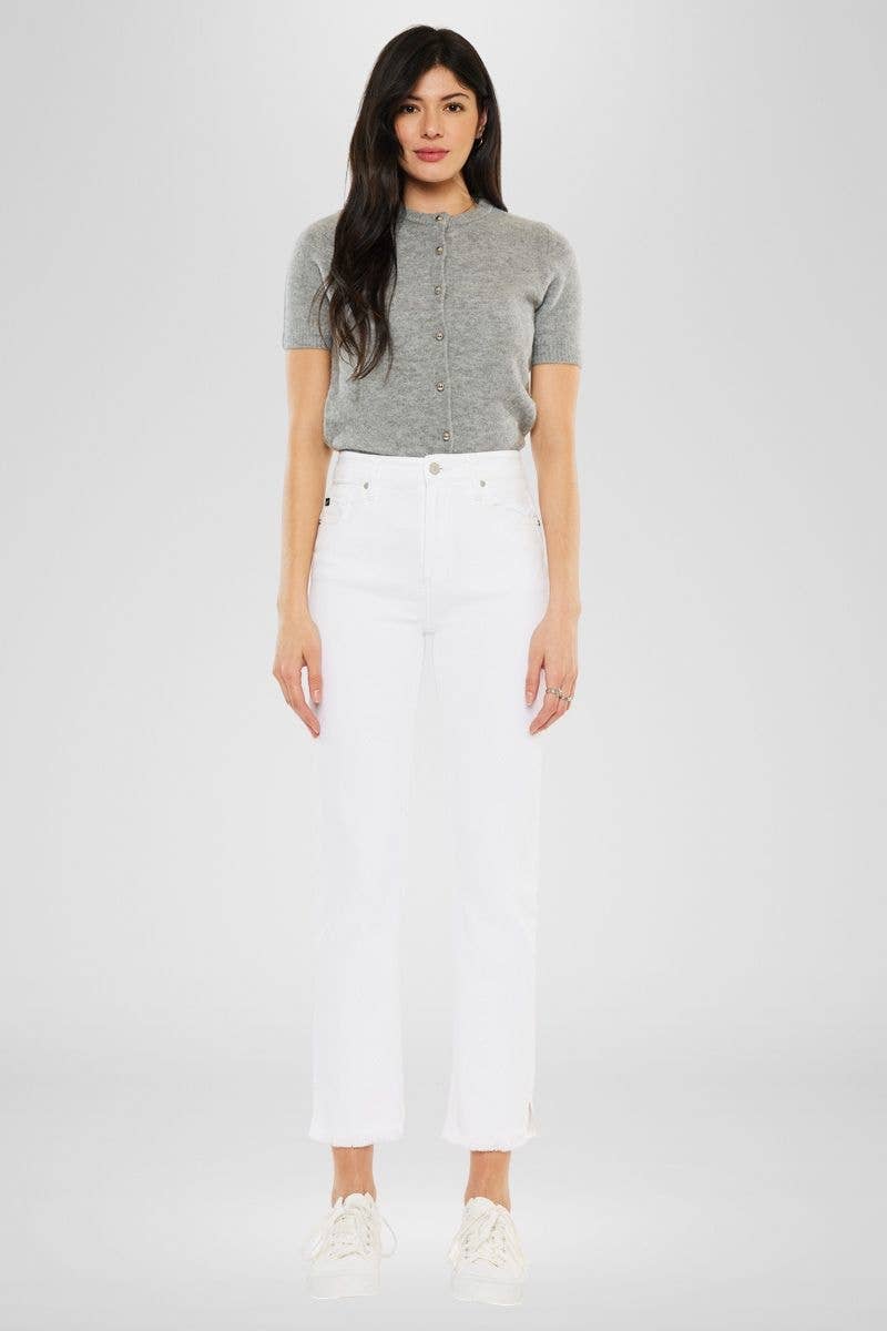 Kan Can USA - High Rise White Slim Straight Jean w/ Fray Hem