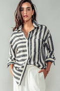 Urban Daizy - Mixed Stripe Pattern Oversized Button Down Shirt