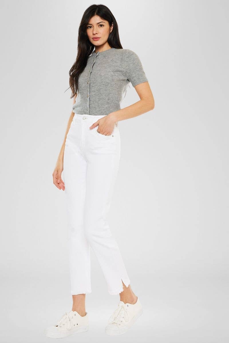 Kan Can USA - High Rise White Slim Straight Jean w/ Fray Hem