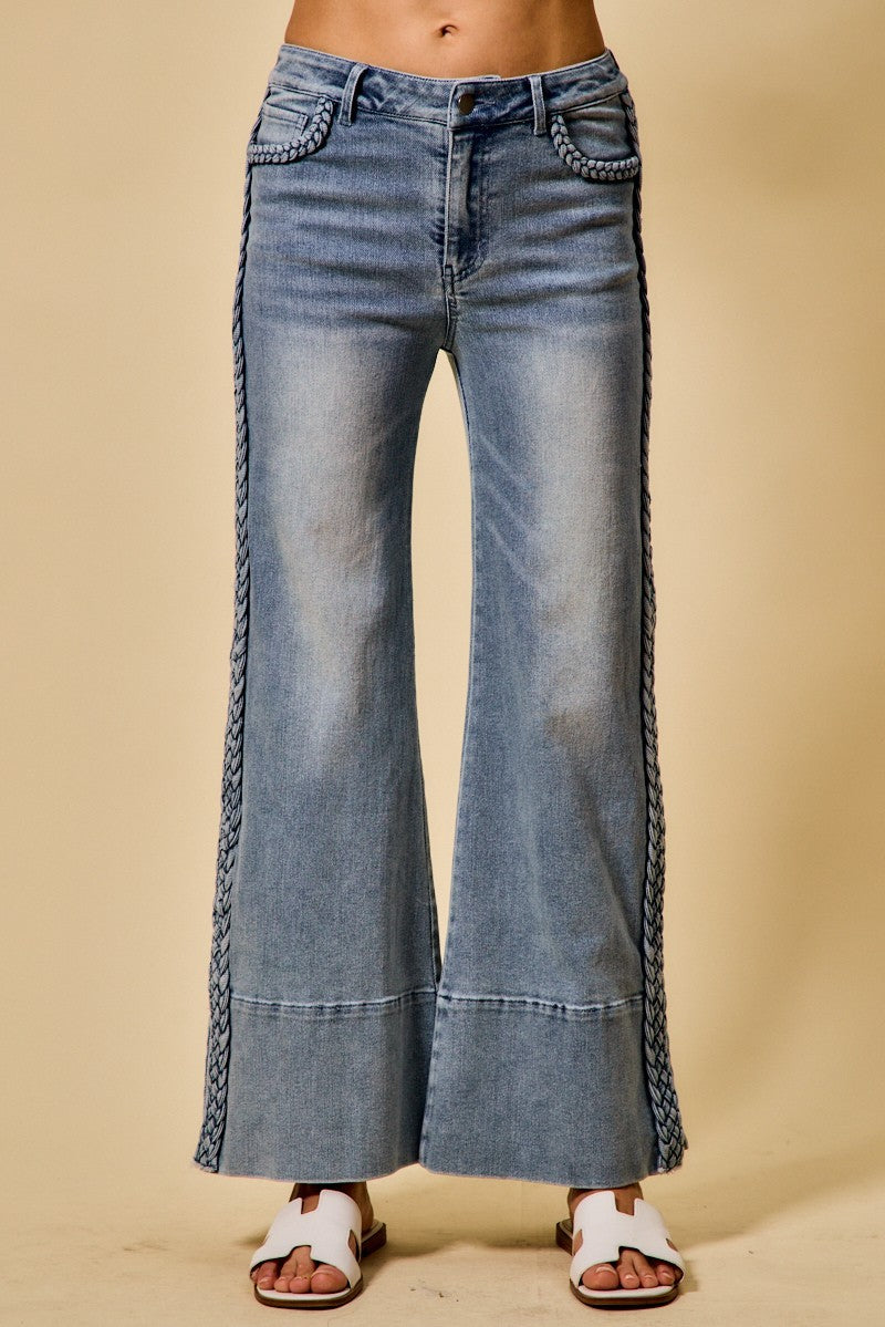 Wide Leg Flare Denim Jeans With Side Braids