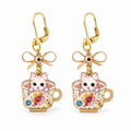 Handmade Whimsical White Kitten in a Teacup Earrings by D.K. Tlustos