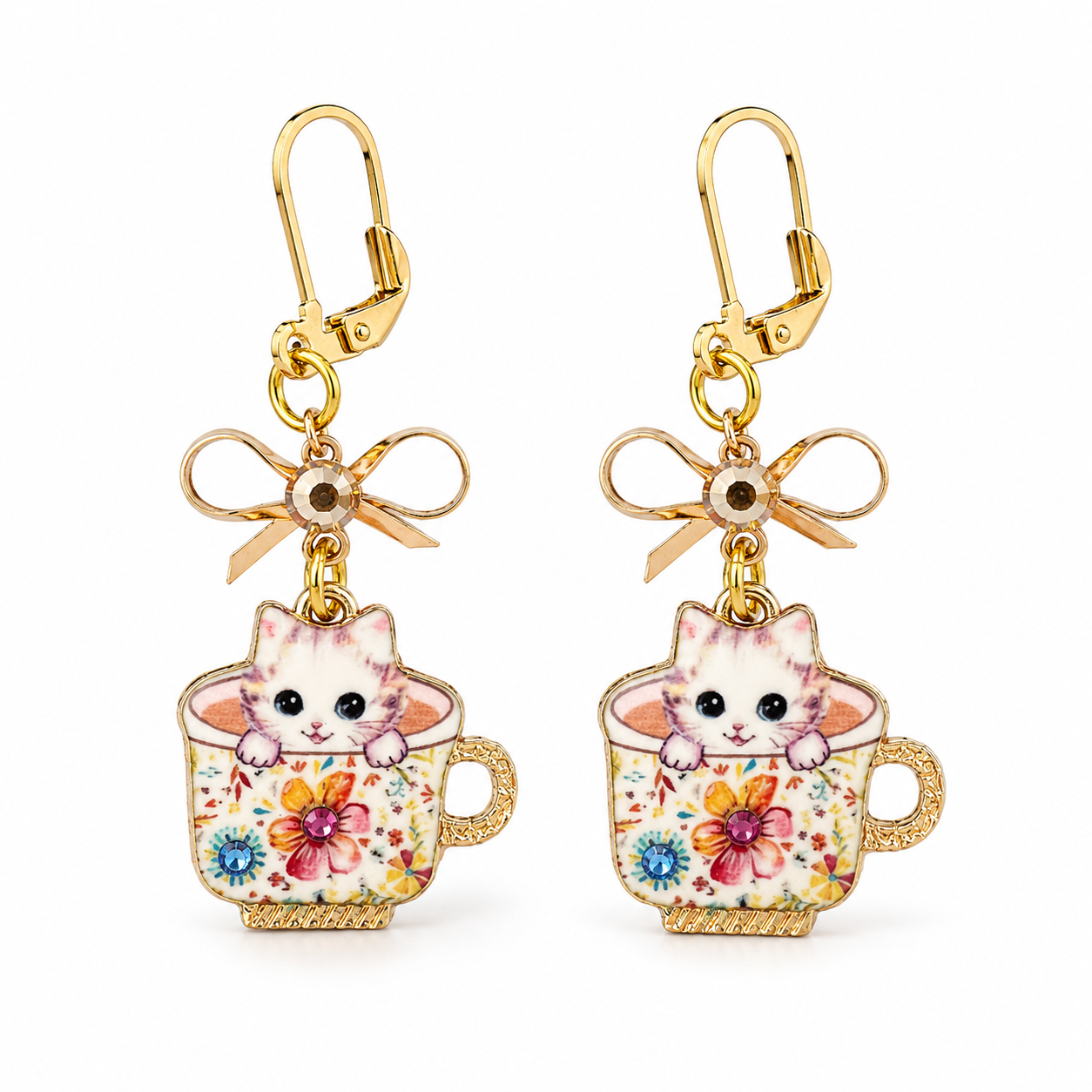 Handmade Whimsical White Kitten in a Teacup Earrings by D.K. Tlustos