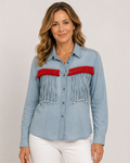 Hand-Embellished American Fringe Denim Chambray Shirt by Trish - Size Medium