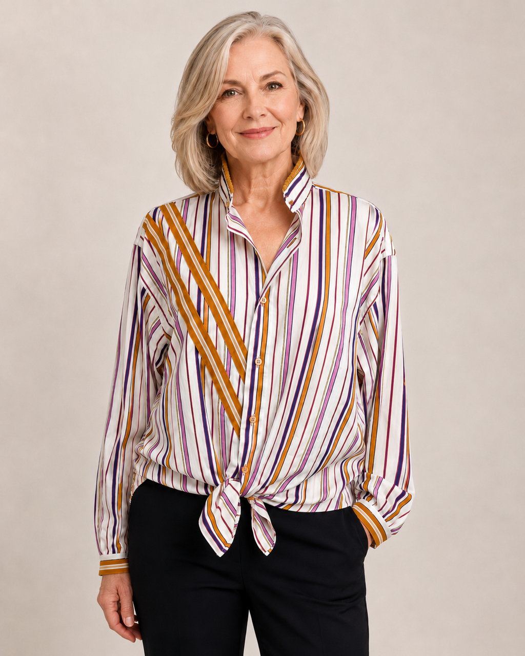 Multi Striped Pom Pom Collar Blouse Embellished by Trish - Size Large