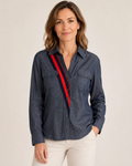 Hand-Embellished Sport Stripe Chambray Blouse by Trish - Size Small
