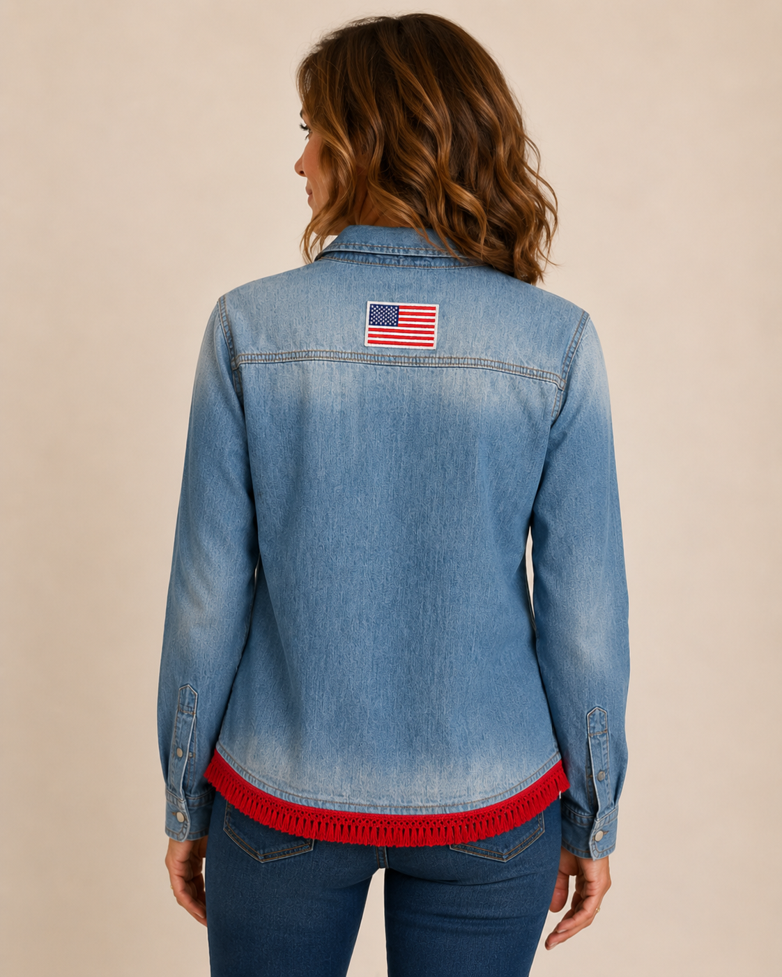 Hand-Embellished Star-Spangled Chambray Shirt by Trish - Size Medium