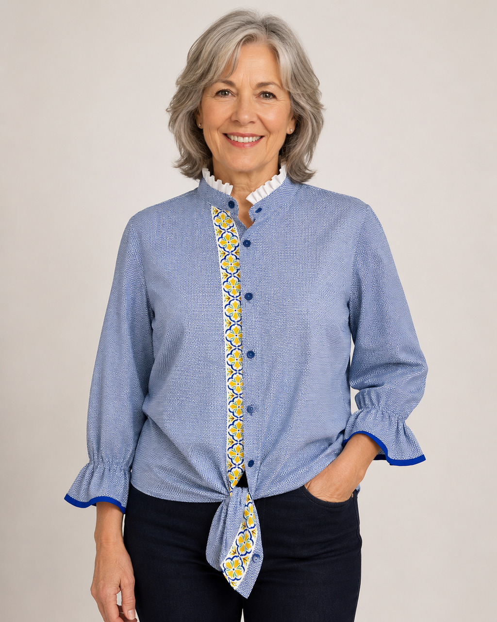 Geometric Blue Blouse with Floral Trim Embellished by Trish - Size Large