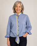 Hand-Embellished Geometric Blue Blouse with Floral Trim by Trish - Size Large