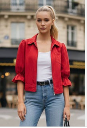 3/4 Zip Front Ruffle Sleeve Jacket