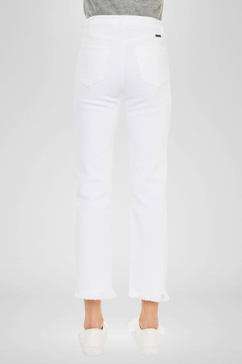 Kan Can USA - High Rise White Slim Straight Jean w/ Fray Hem