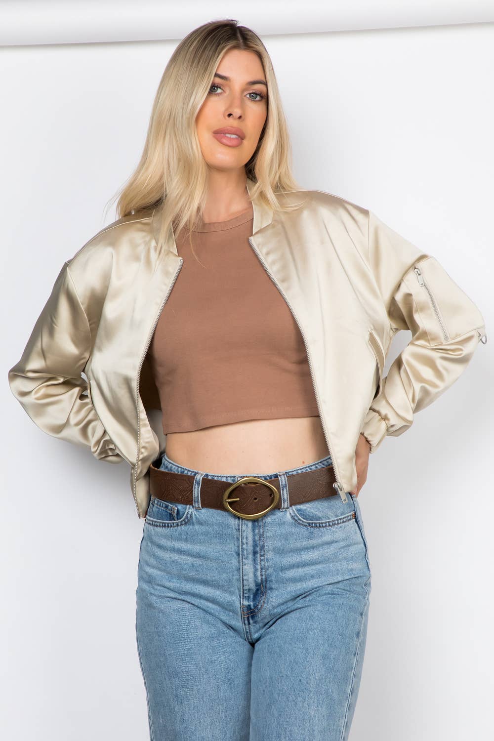 Satin Zip Up Bomber Jacket