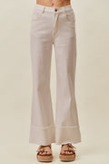 Mid Rise Stripe Frayed Roll Up Hem Wide Leg Jeans