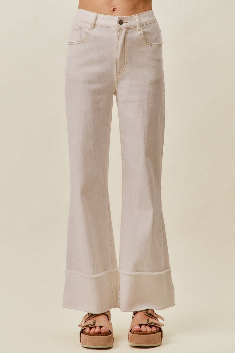 Mid Rise Stripe Frayed Roll Up Hem Wide Leg Jeans
