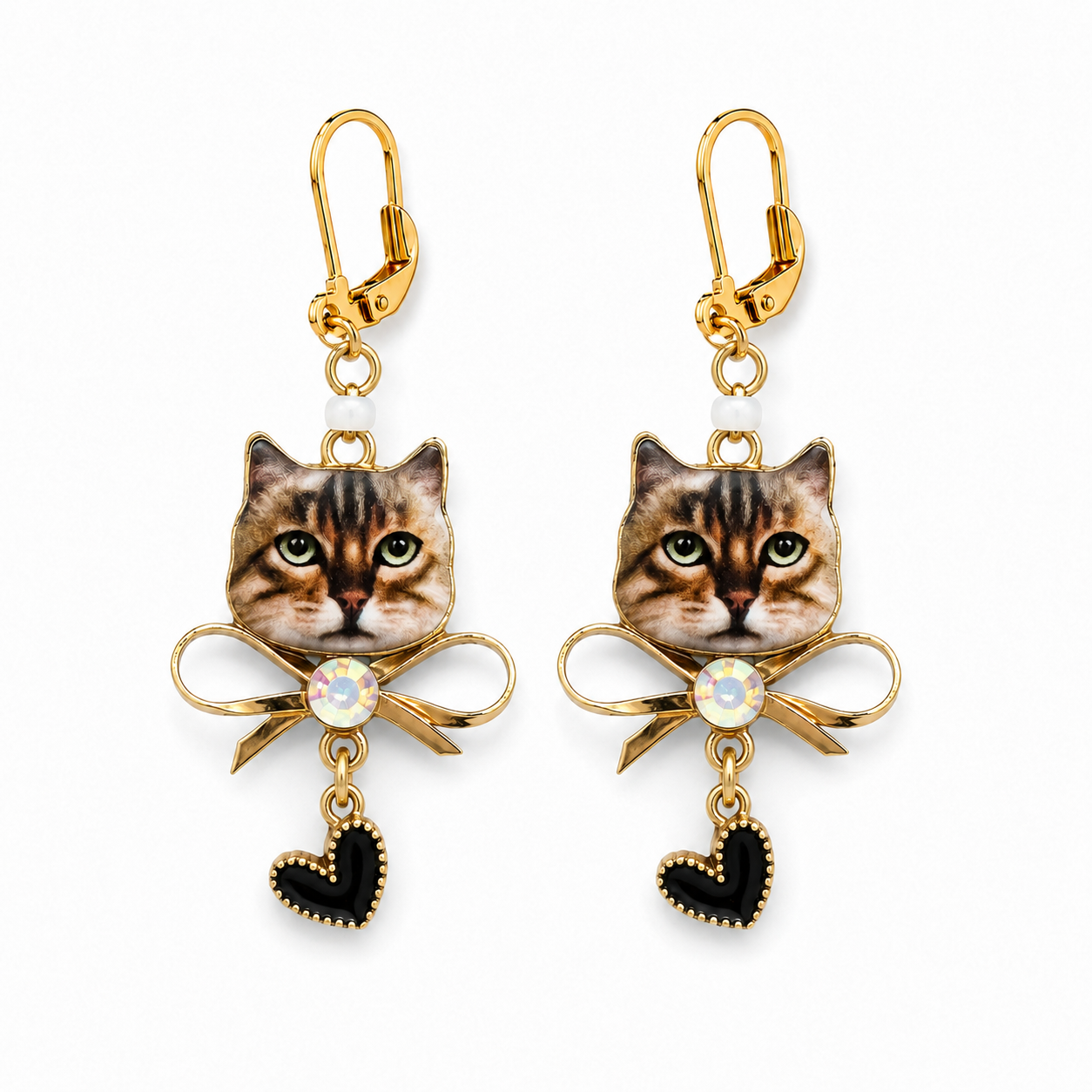 Handmade Tabby Cat & Black Heart Earrings by D.K. Tlustos