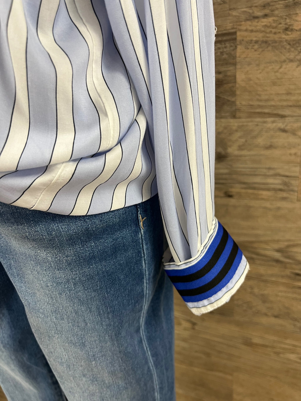 Baby Blue Striped Button-Up Blouse Embellished by Trish