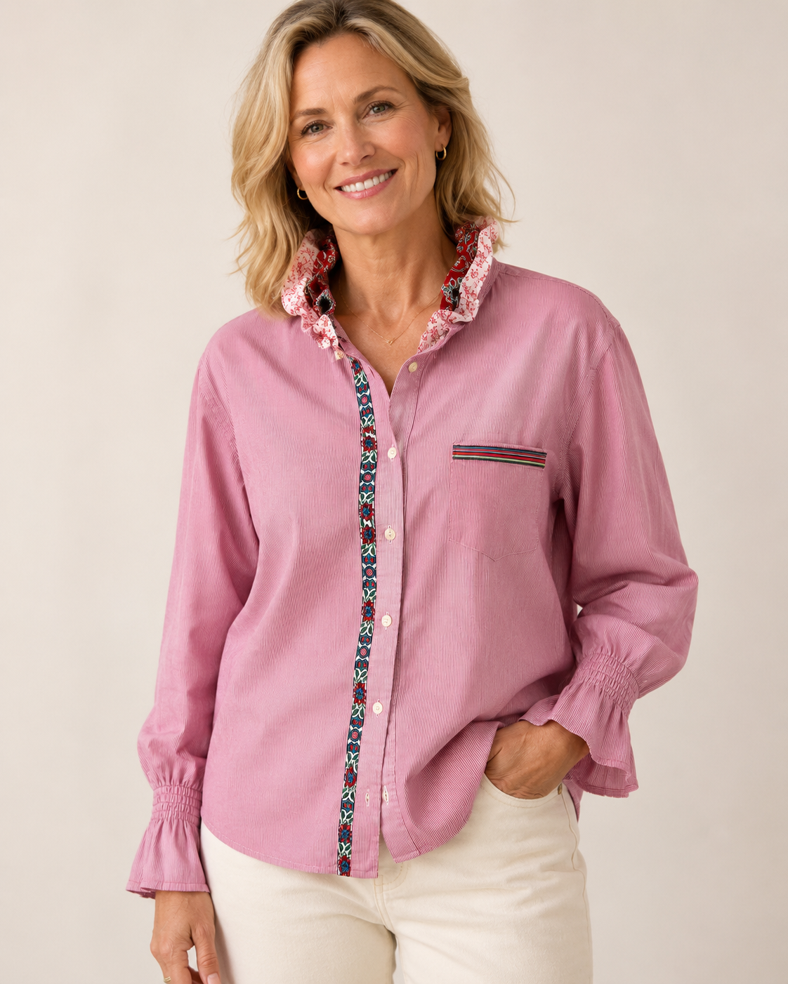 Hand-Embellished Rose Ruffle Blouse by Trish - Size Medium